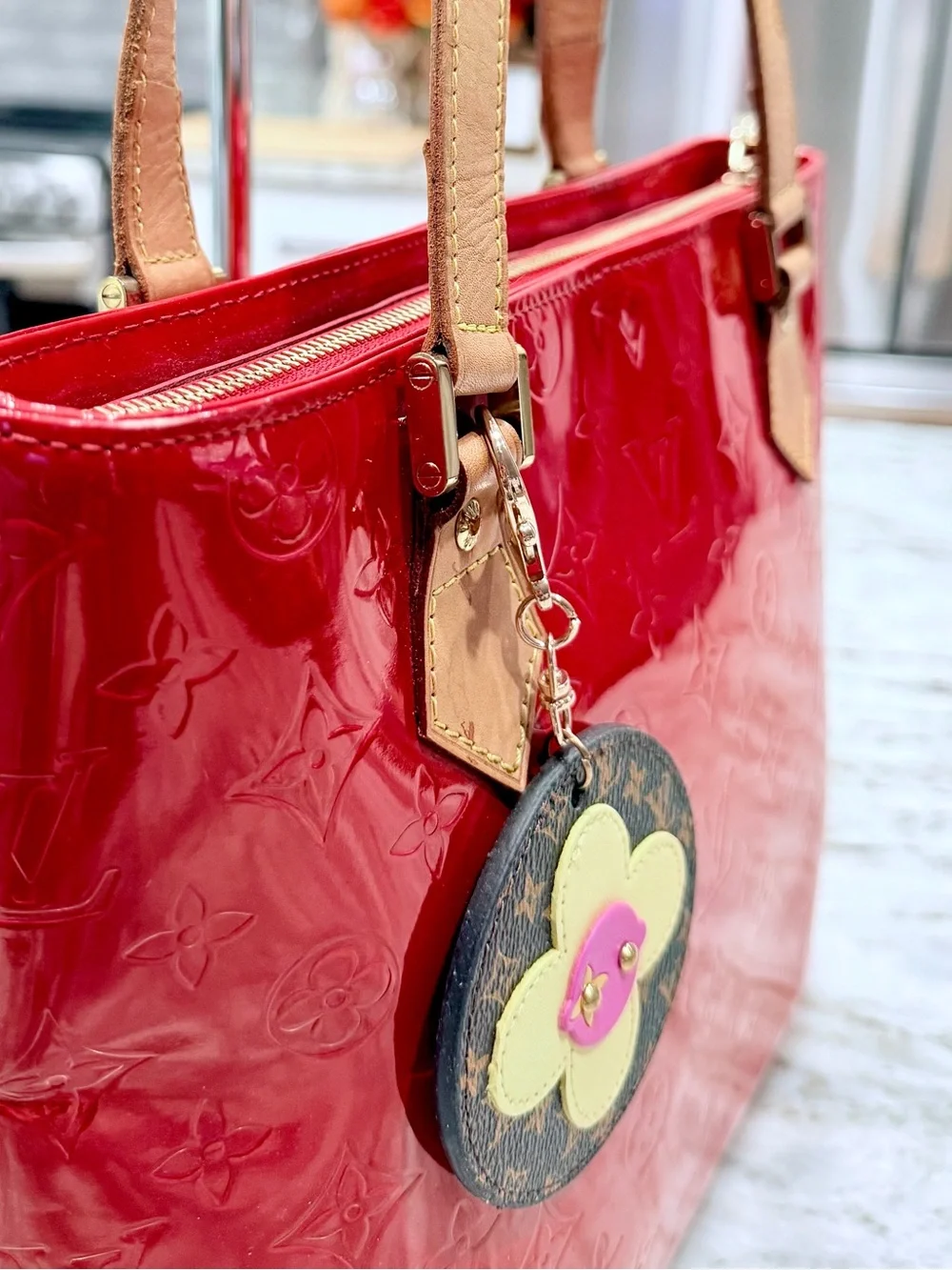 Louis Vuitton Authentic Red Patent Tote Bag with Leather Handless/Trim